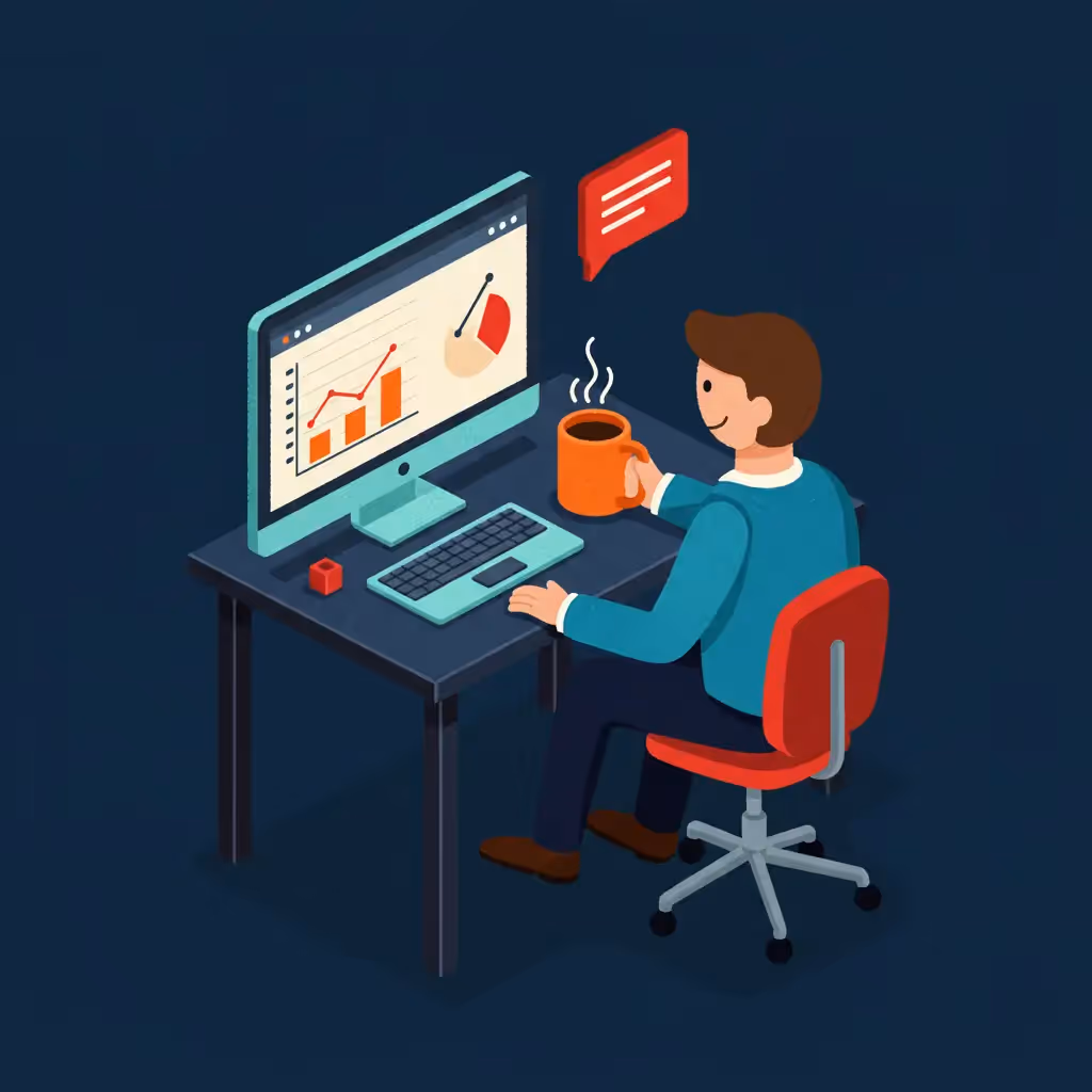 A happy business owner at a desk, smiling as they look at a computer screen