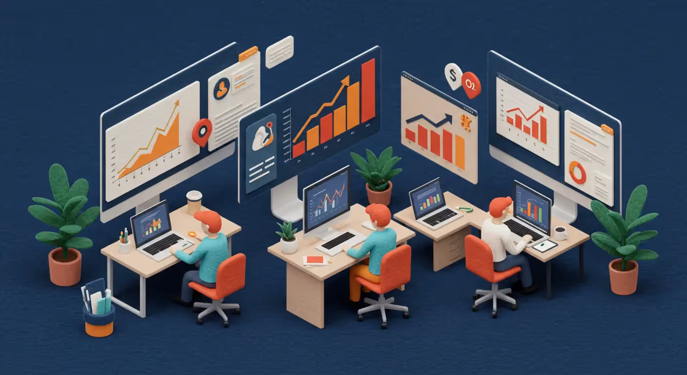 A digital marketing team analyzing data on screens, strategically planning a campaign